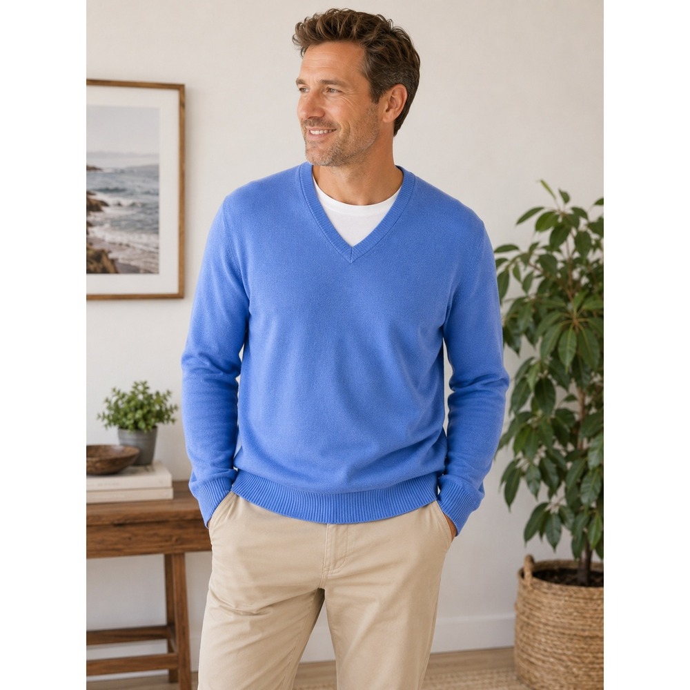 Lands End V Neck Sweater Large Blue Cotton Modal Lightweight Quiet Luxury Preppy